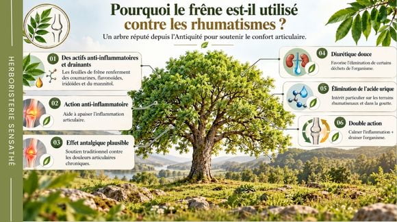 Frêne et rhumatismes  infographie présentant les propriétés anti-inflammatoires et drainantes traditionnellement attribuées aux feuilles de frêne, leurs composés actifs et leur utilisation pour le confort articulaire. - Herboristerie Sensathé